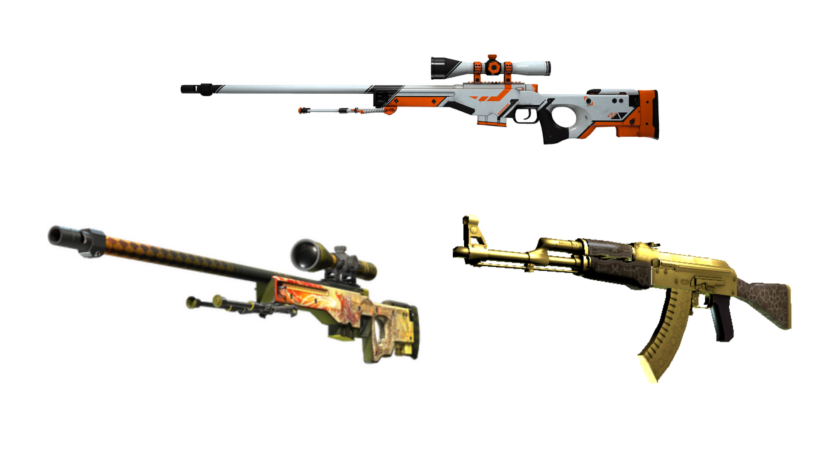 Three CS weapon skins: AWP Asiimov, AWP Dragon Lore, and AK-47 Golden Arabesque