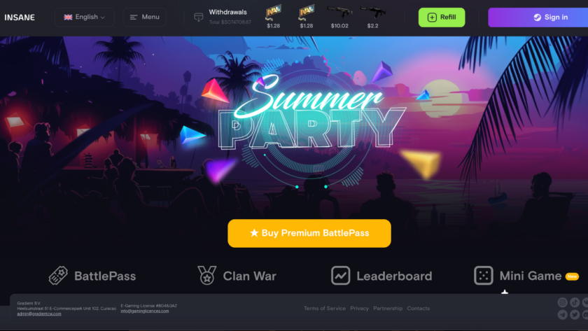 Summer Party themed gaming interface with various gaming options and features