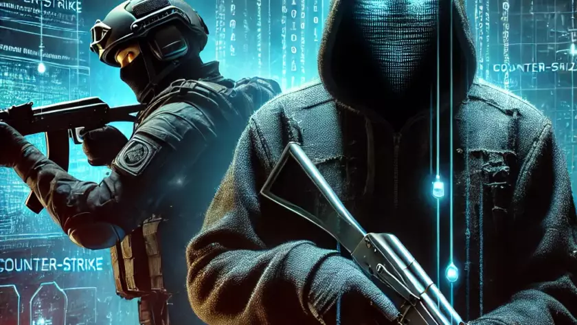 Hacker holding a rifle and keyboard with cybersecurity elements surrounding the CS2 logo in a futuristic digital environment.